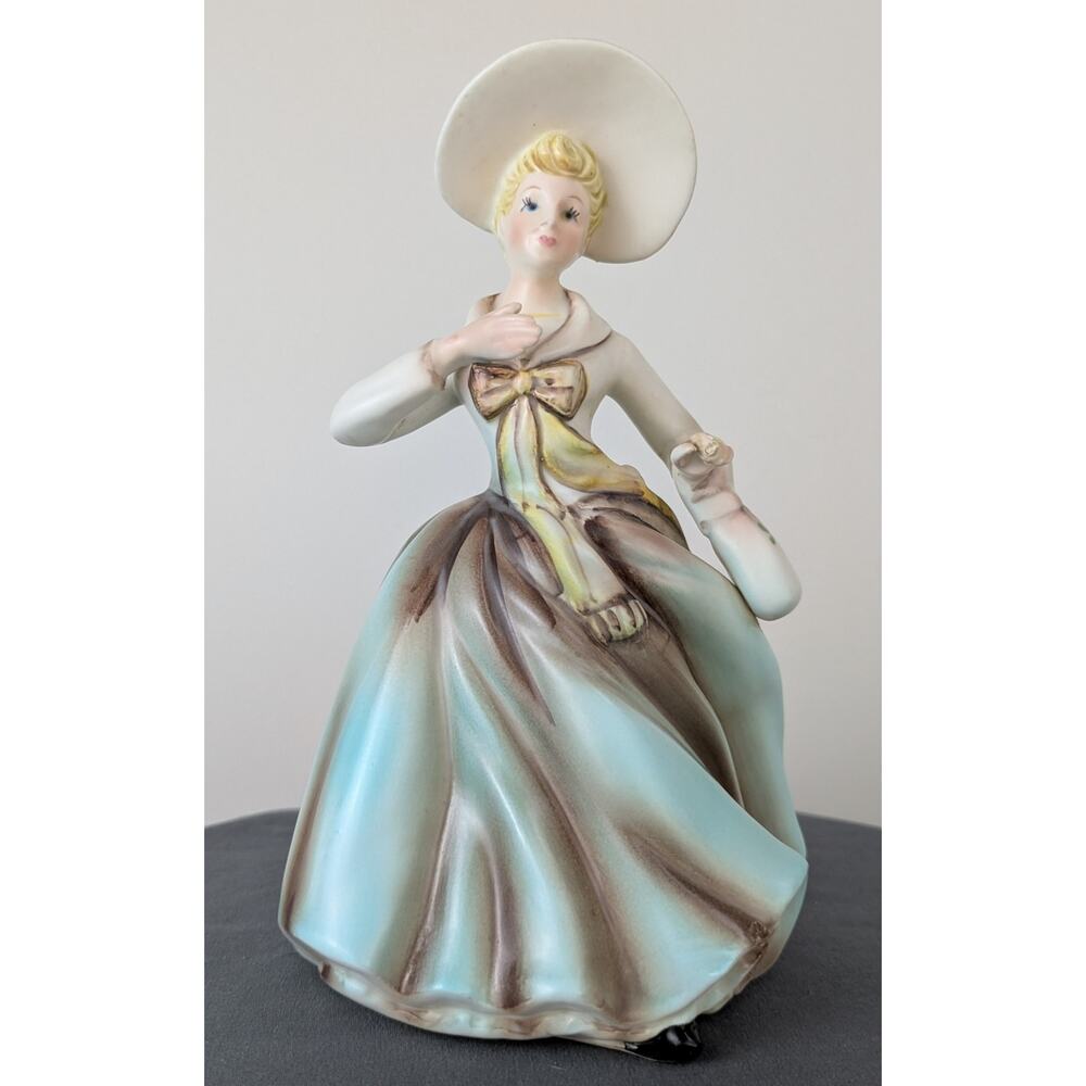 1962 Inarco Woman Lady Planter Figurine Aqua Dress Yellow Ceramic 60s Vintage